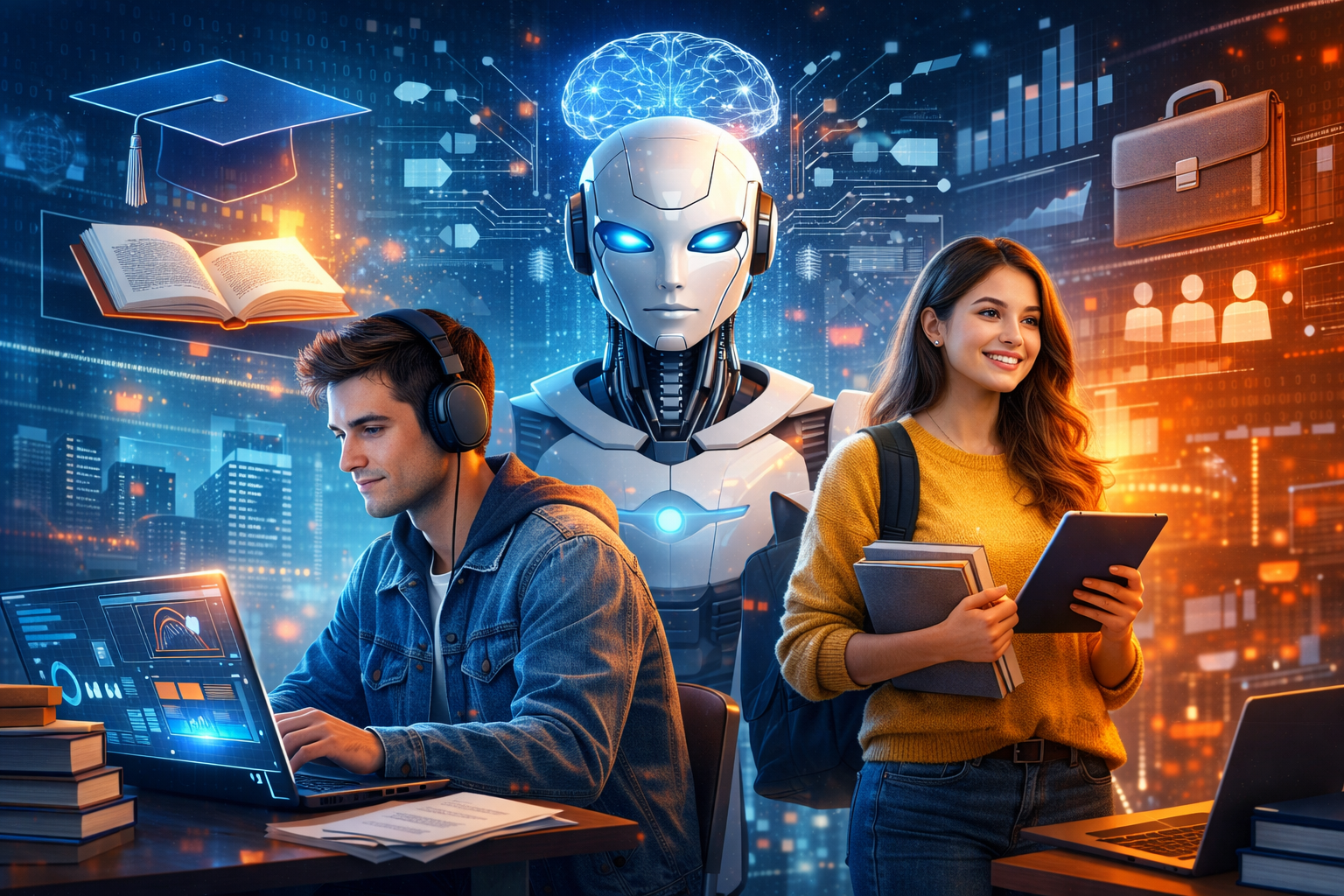Jovens estudantes e profissionais a utilizar tecnologia digital, com um robô de Inteligência Artificial ao centro, simbolizando o impacto da IA nos estudos e no trabalho