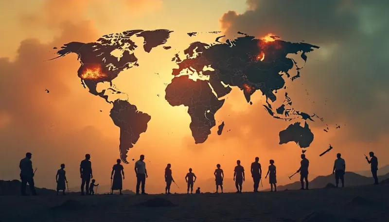 Ilustração de um mapa do mundo com zonas de guerra destacadas e silhuetas de pessoas a observar o impacto global da guerra.